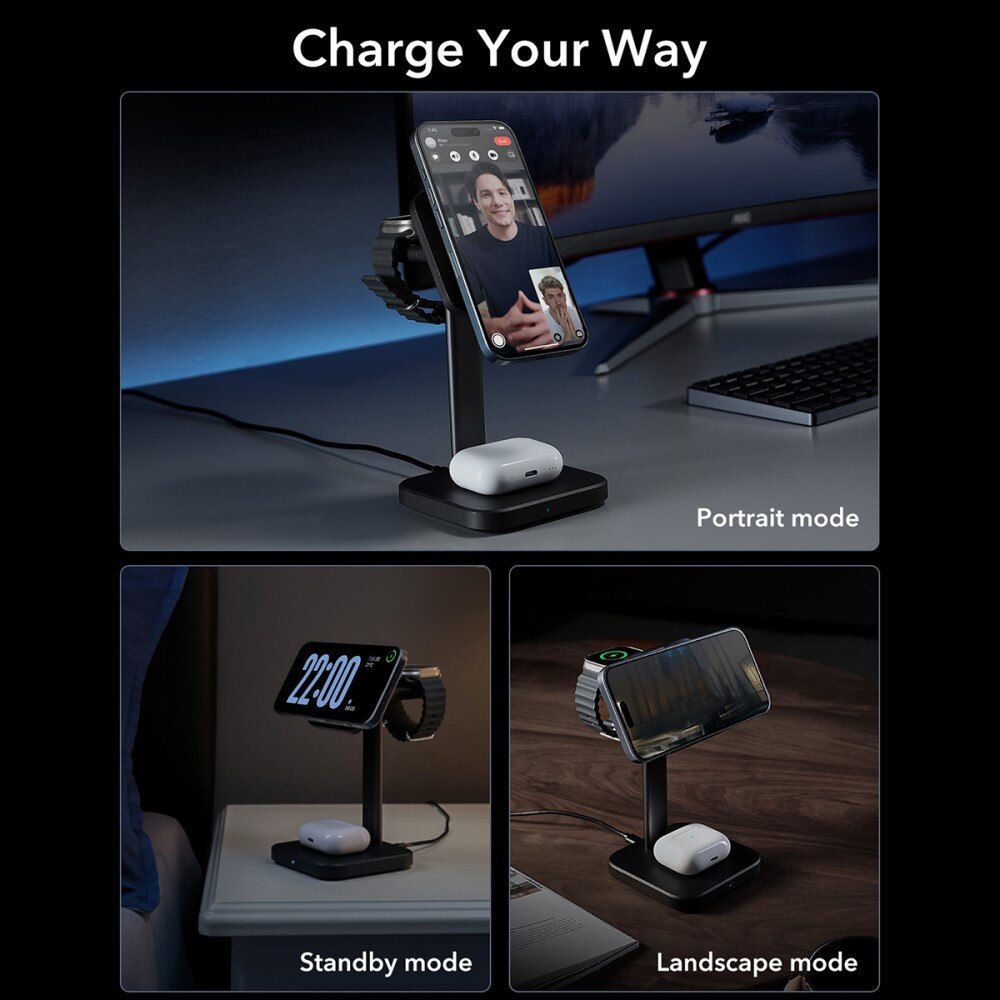 Qi2 3-in-1 Wireless Charging Set HaloLock Black