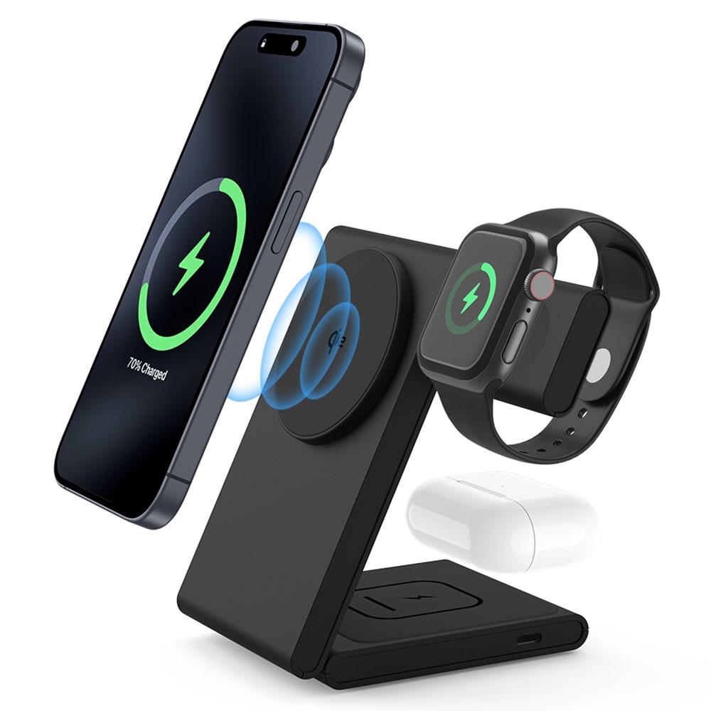 Modern 3-in-1 Wireless Magnetic Foldable Charging Station Black