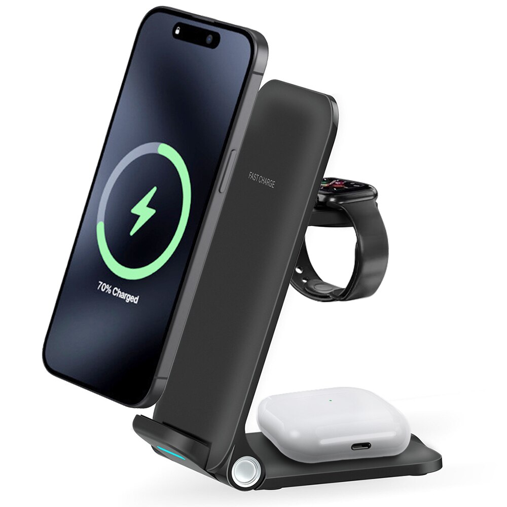 3-in-1 15W Wireless Foldable Charging Stand Black