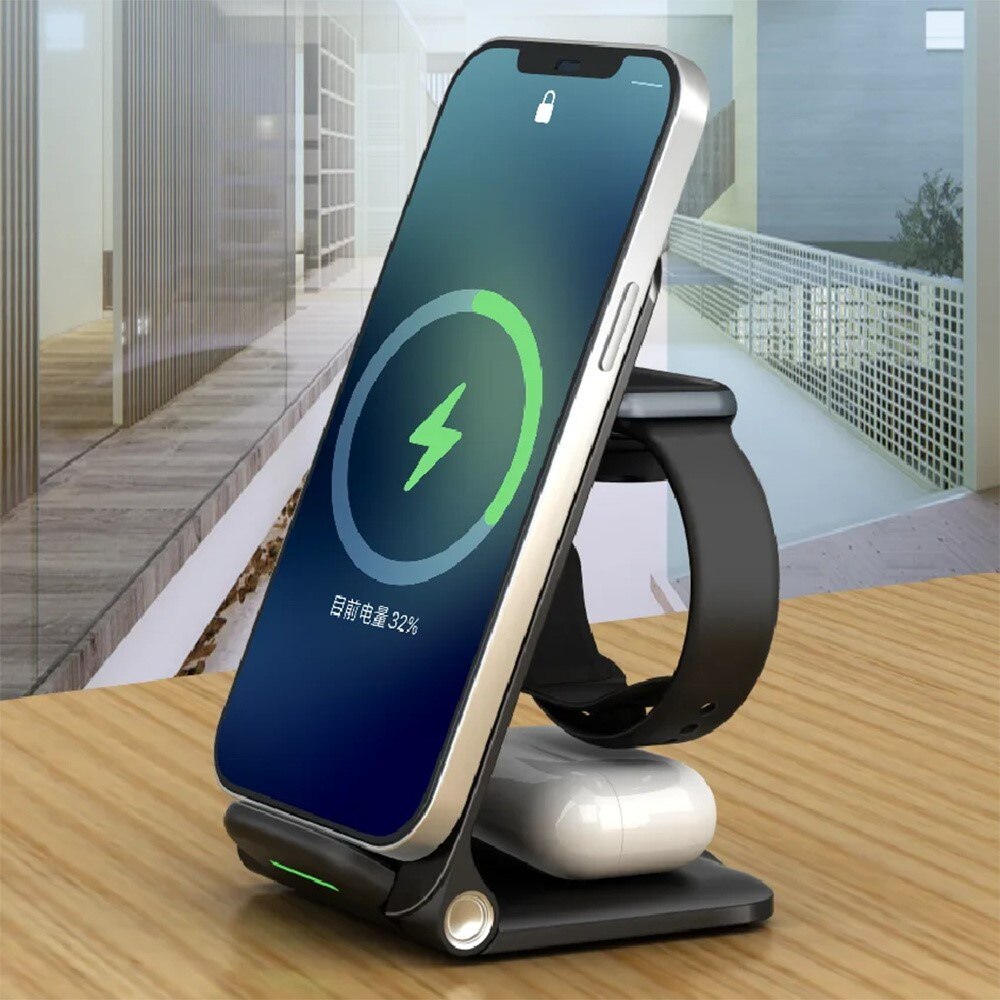 3-in-1 15W Wireless Foldable Charging Stand Black