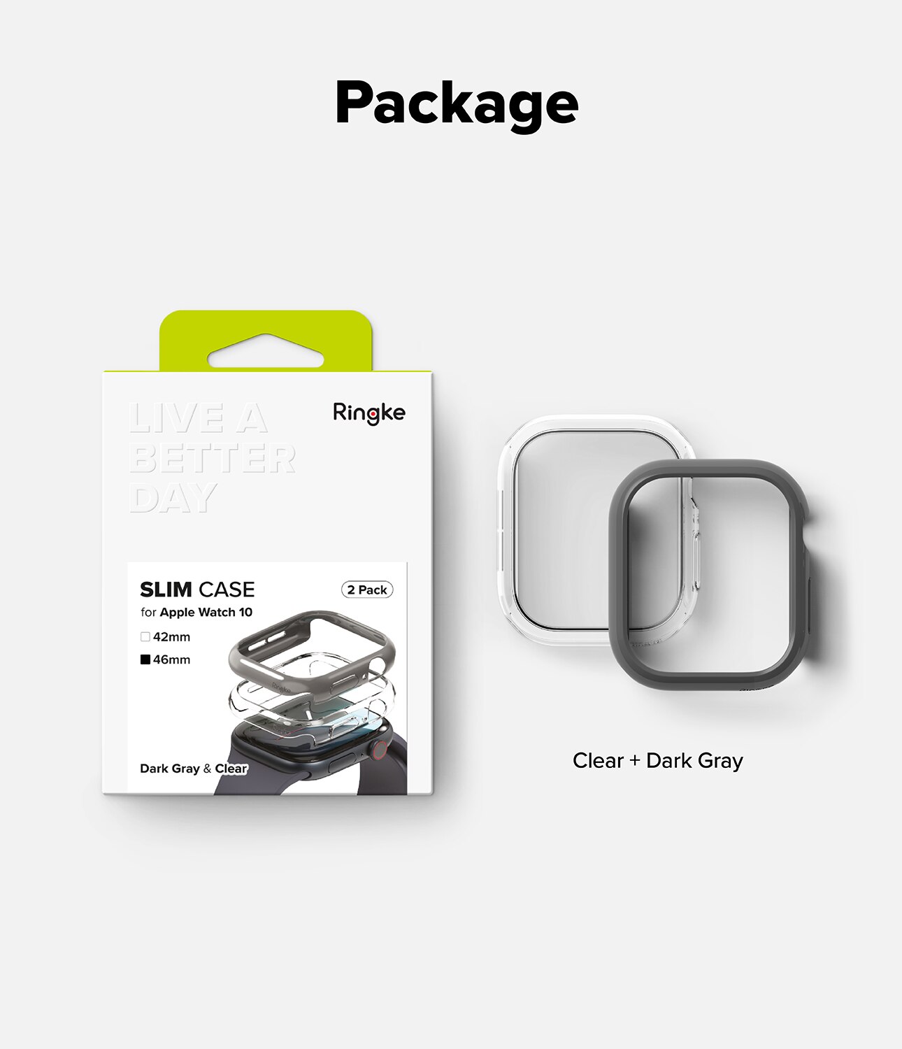 Apple Watch Series 10 46mm Slim Case (2-pack) Dark Gray & Clear