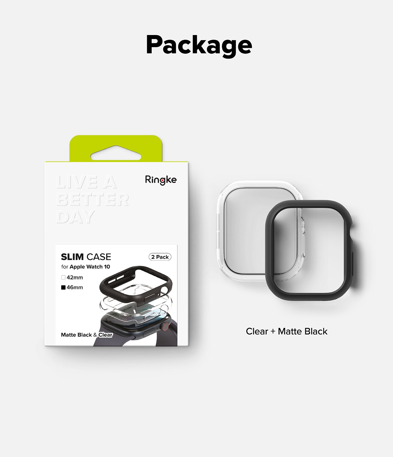 Apple Watch Series 10 42mm Slim Case (2-pack) Matte Black & Clear