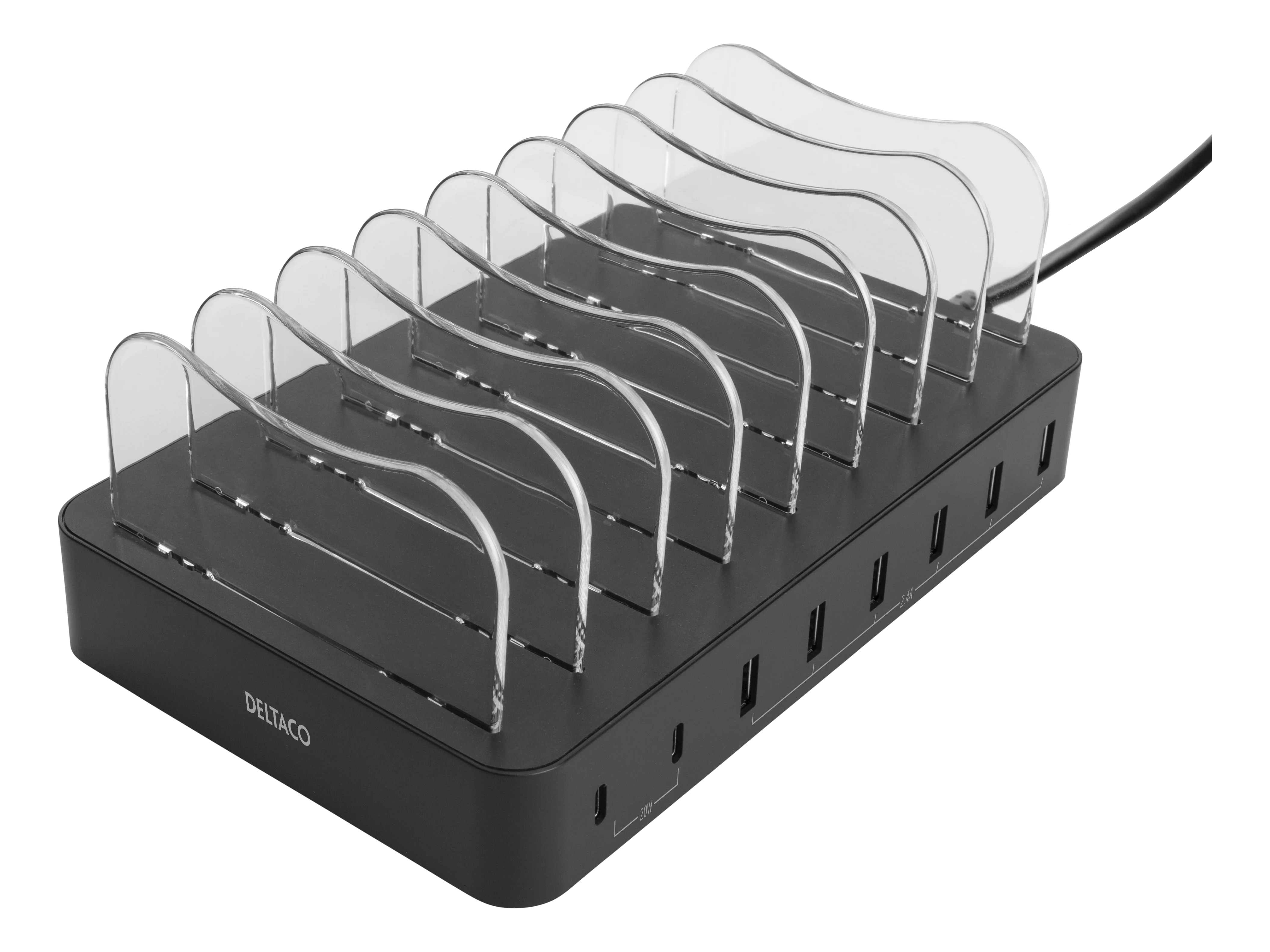 Charging station for 8 devices, 6x USB-A, 2x USB-C 75W Black