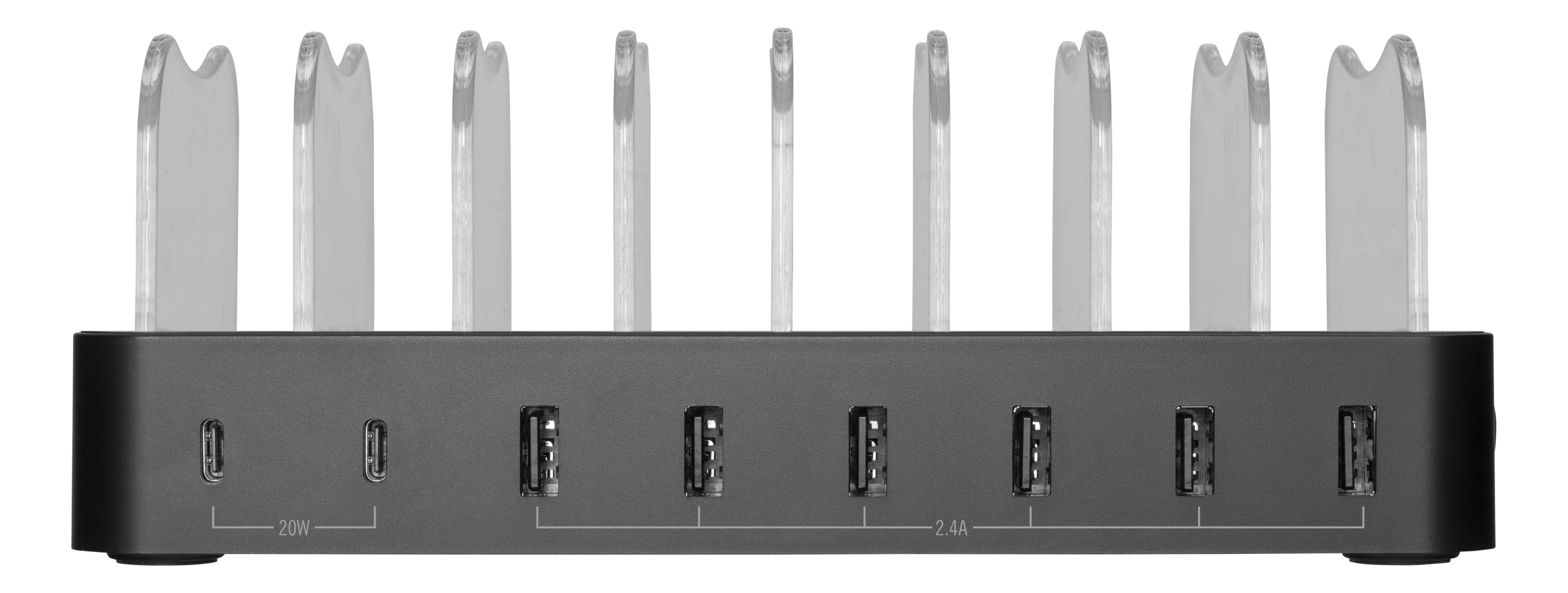 Charging station for 8 devices, 6x USB-A, 2x USB-C 75W Black