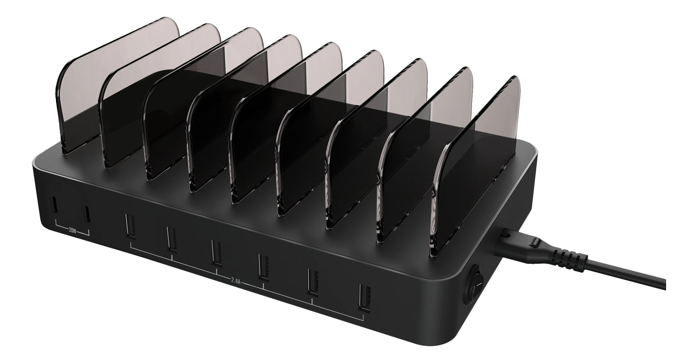 Charging station for 8 devices, 6x USB-A, 2x USB-C 75W Black