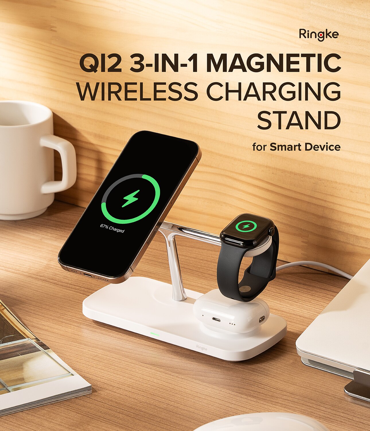 3-in-1 Wireless Charger Stand Qi2 MagSafe White