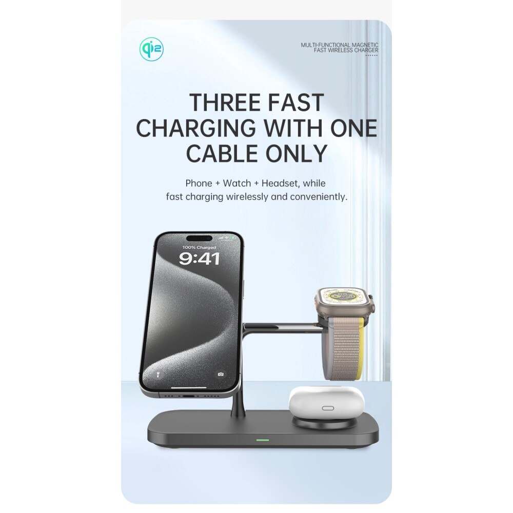 3-in-1 Qi2 MagSafe Wireless Charging Station Black